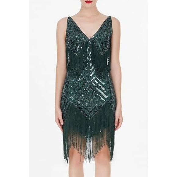 1920s Great Gatsby Dress Sequin Flapper Dress Slip Mini Short Dress M Dark Green - Picture 1 of 4